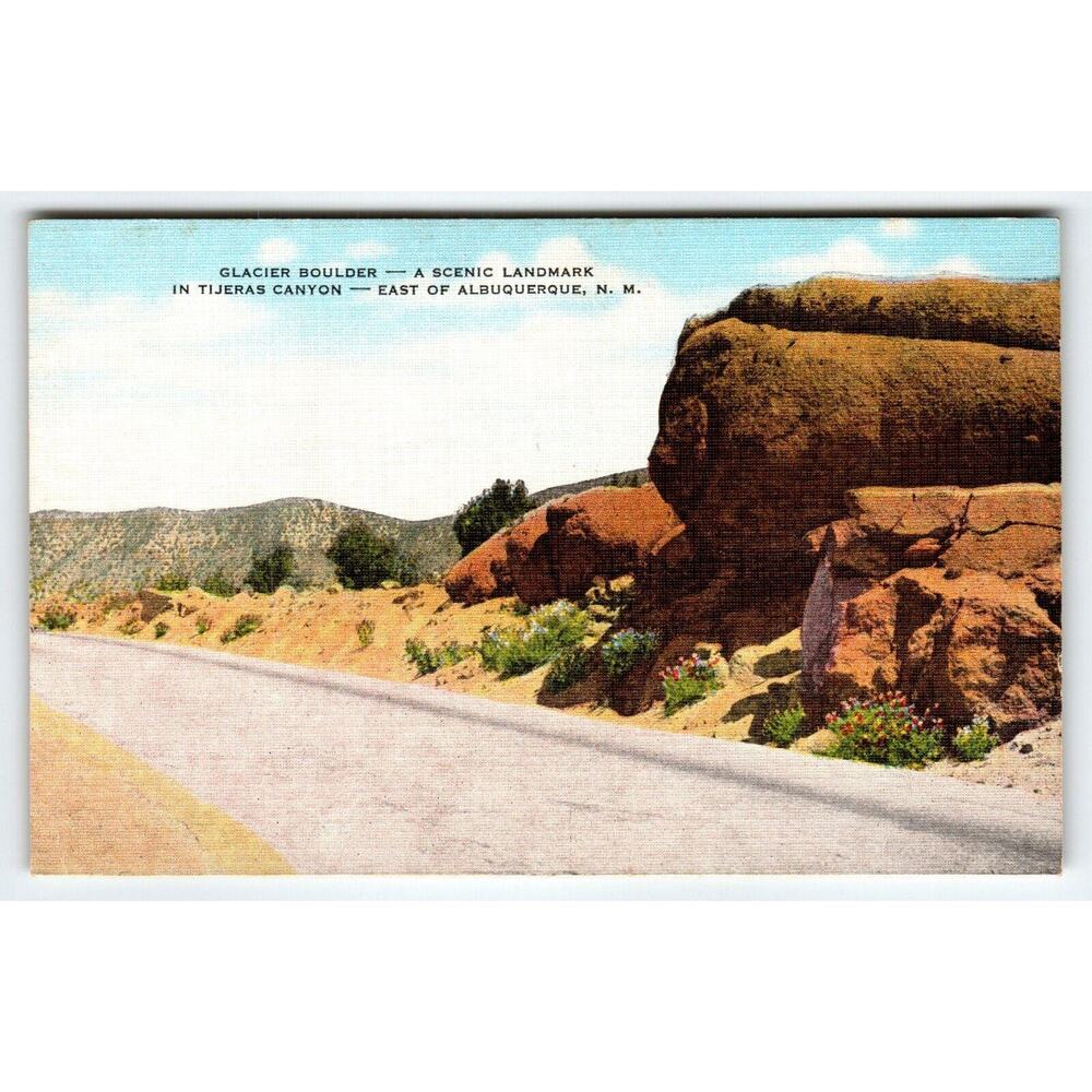 Glacier Boulder Tijeras Canyon Albuquerque New Mexico Postcard Linen Route 66